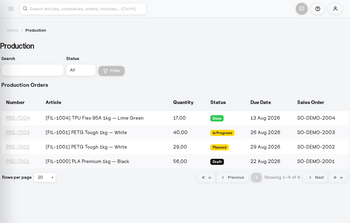 Valnovi ERP — production orders overview